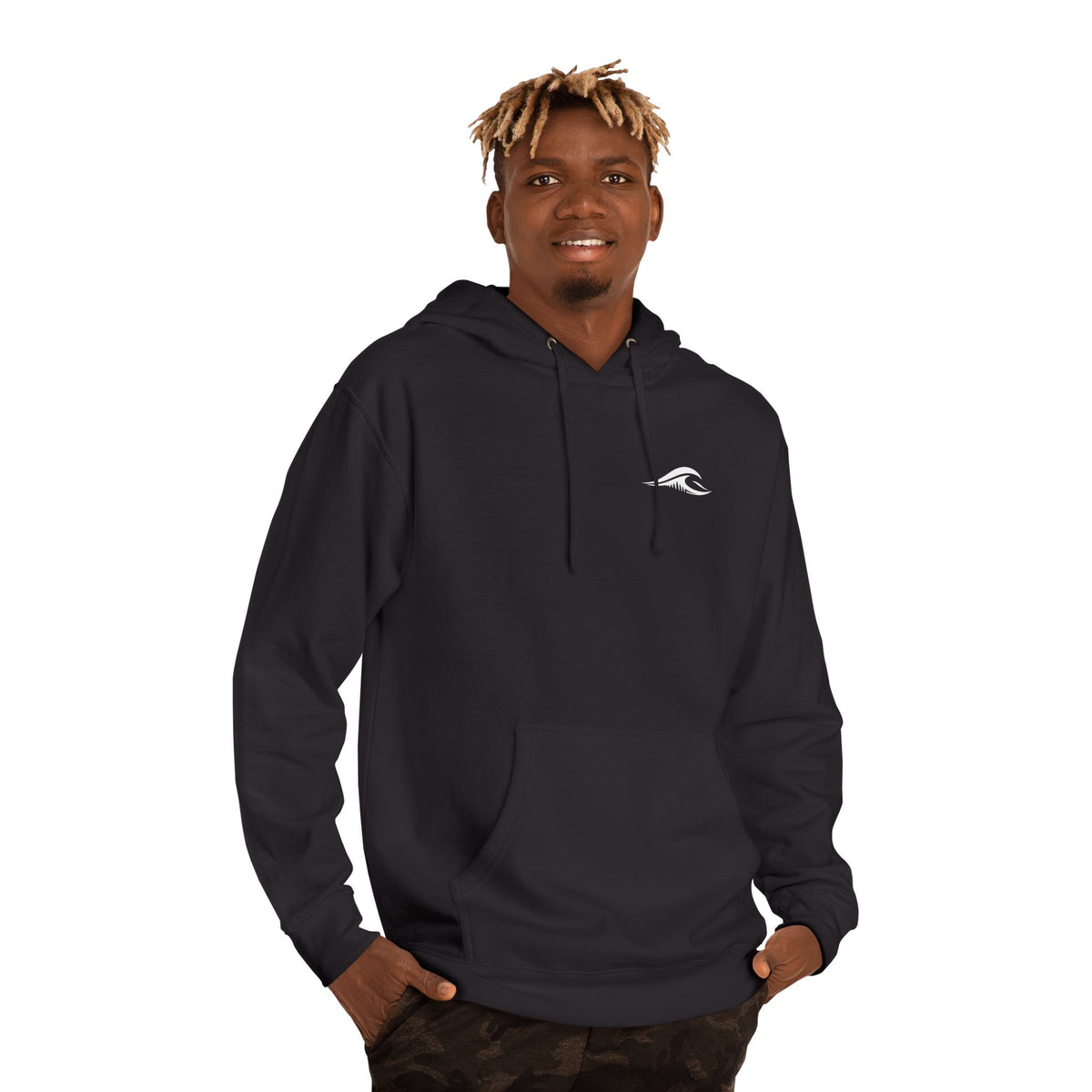 A man wearing a FLOWAV Coastal Graphic hoodie in black showing the white FLOWAV wave on the left chest.