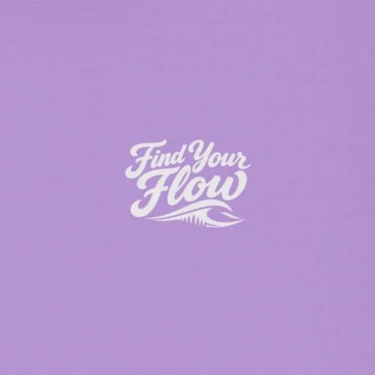 Closeup up the FLOWAV Find Your Flow crewneck sweatshirt in lavender featuring find your flow with a wave logo below it.