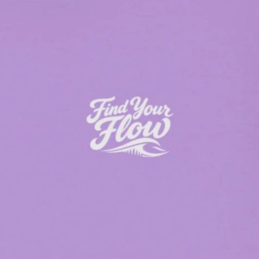 Closeup up the FLOWAV Find Your Flow crewneck sweatshirt in lavender featuring find your flow with a wave logo below it.