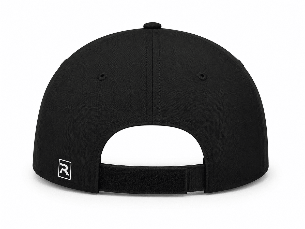 A Richardson R225 black cap showing the back velcro closure. FLOWAV Midnight Edition back view.