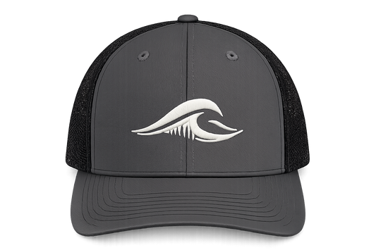 Front view of the charcoal FLOWAV Richardson 112 Trucker Hat with embroidered cream wave logo.