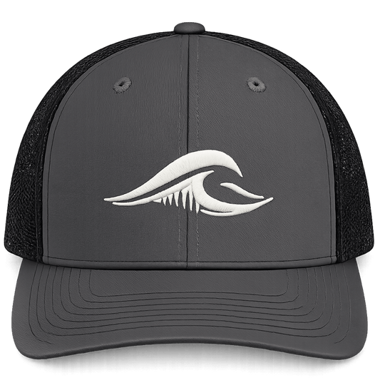 Front view of the charcoal FLOWAV Richardson 112 Trucker Hat with embroidered cream wave logo.