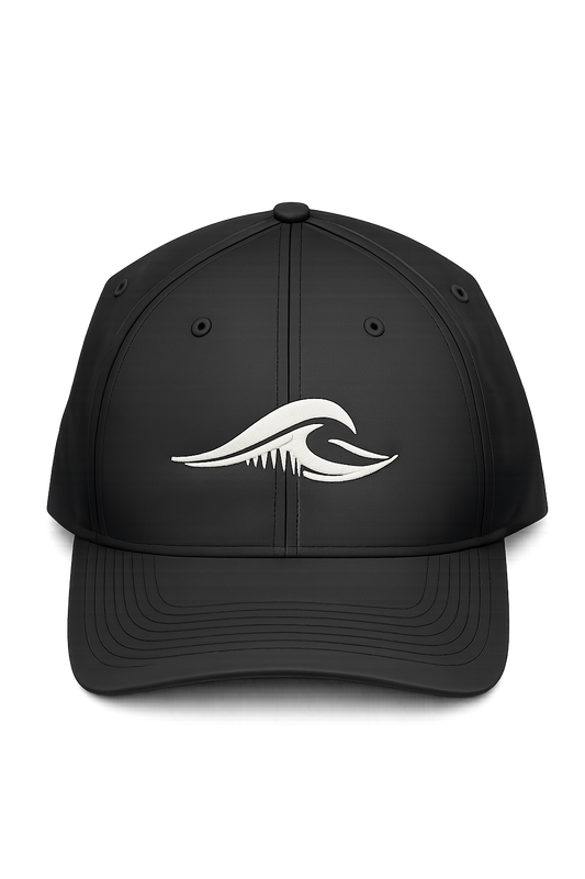 Front view of the black FLOWAV Richardson R225 Performance Hat with embroidered cream wave logo