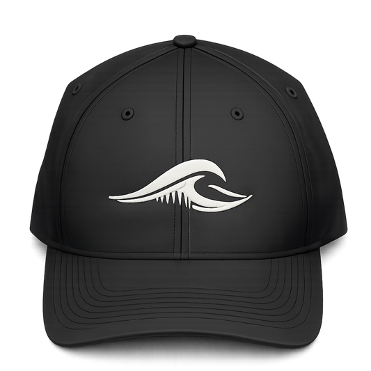Front view of the black FLOWAV Richardson R225 Coastal Performance Hat with embroidered cream wave logo