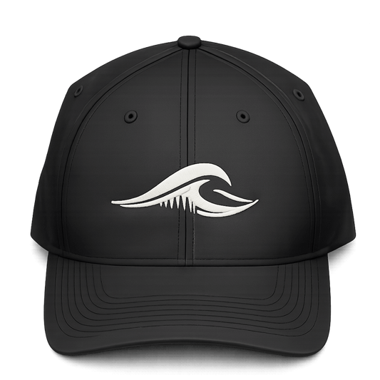 Front view of the black FLOWAV Richardson R225 Coastal Performance Hat with embroidered cream wave logo