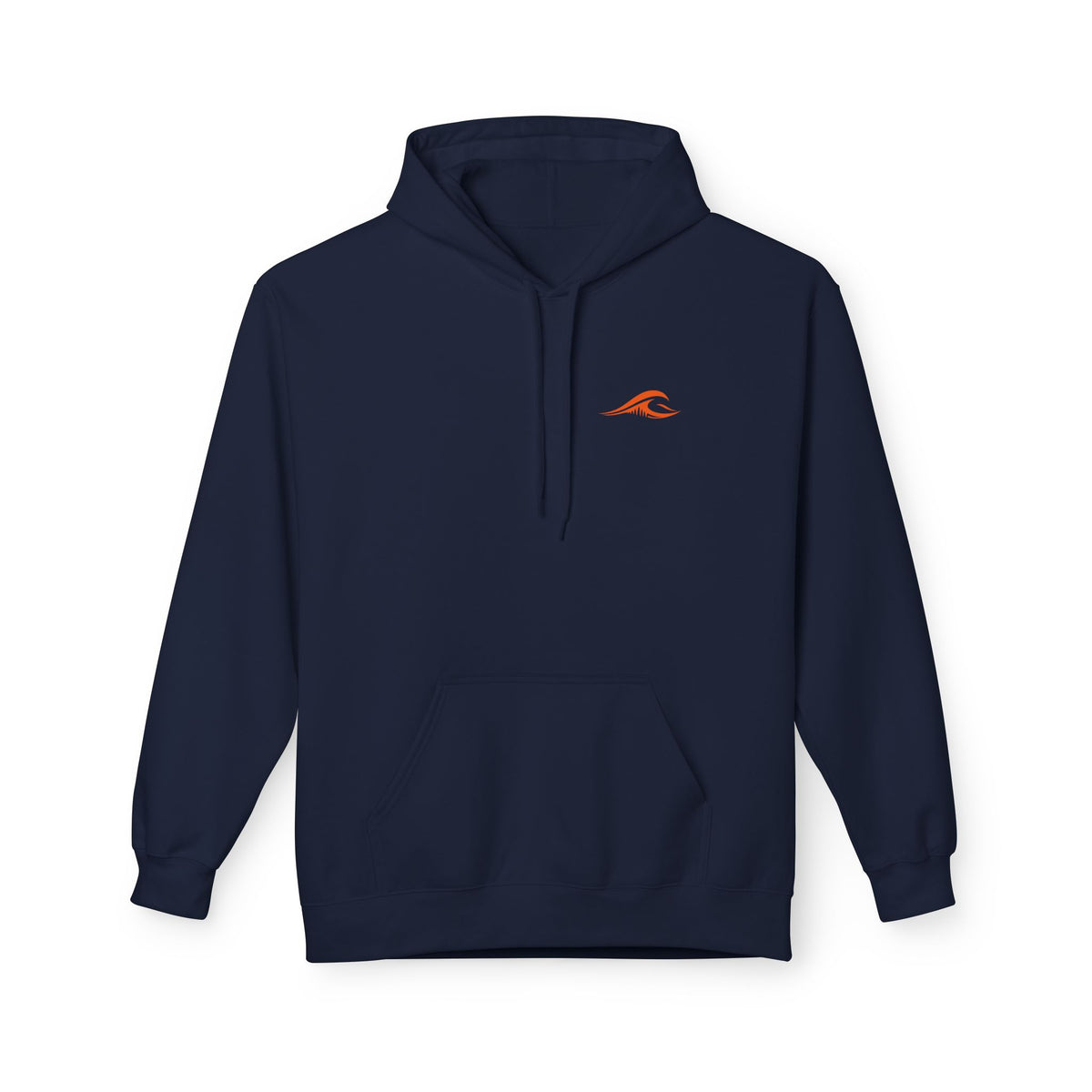 FLOWAV Ride the Freakuency Graphic Hoodie in navy showing the front orange wave graphic.
