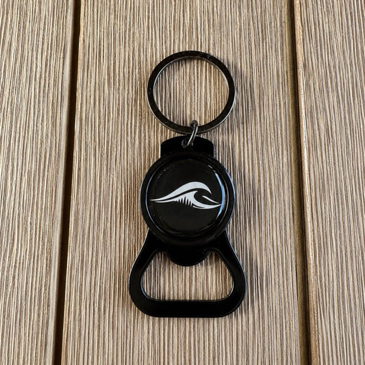 Black FLOWAV bottle opener keychain with wave logo