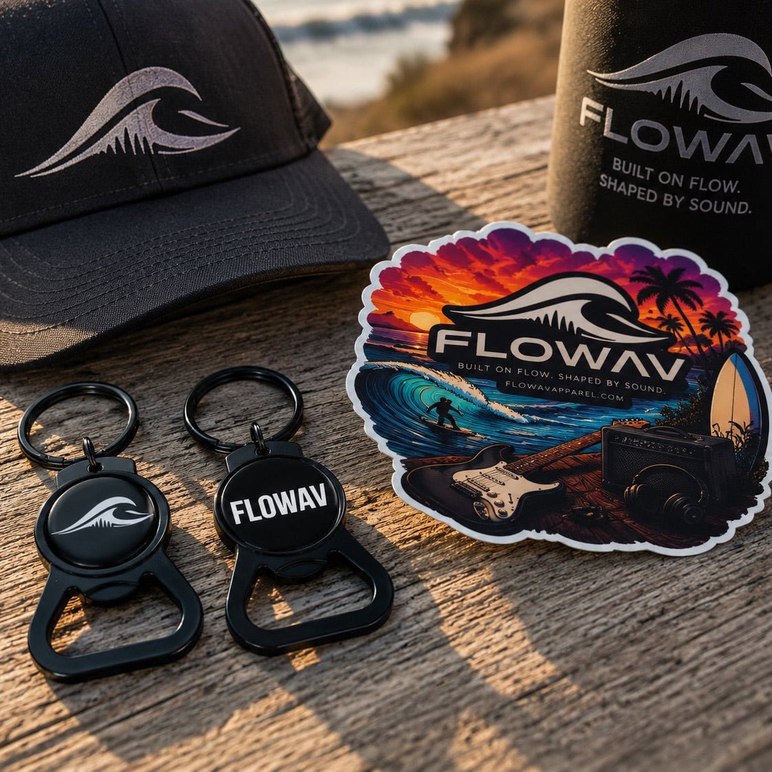FLOWAV bottle opener keychain with FLOWAV hat and sticker in a coastal lifestyle setting