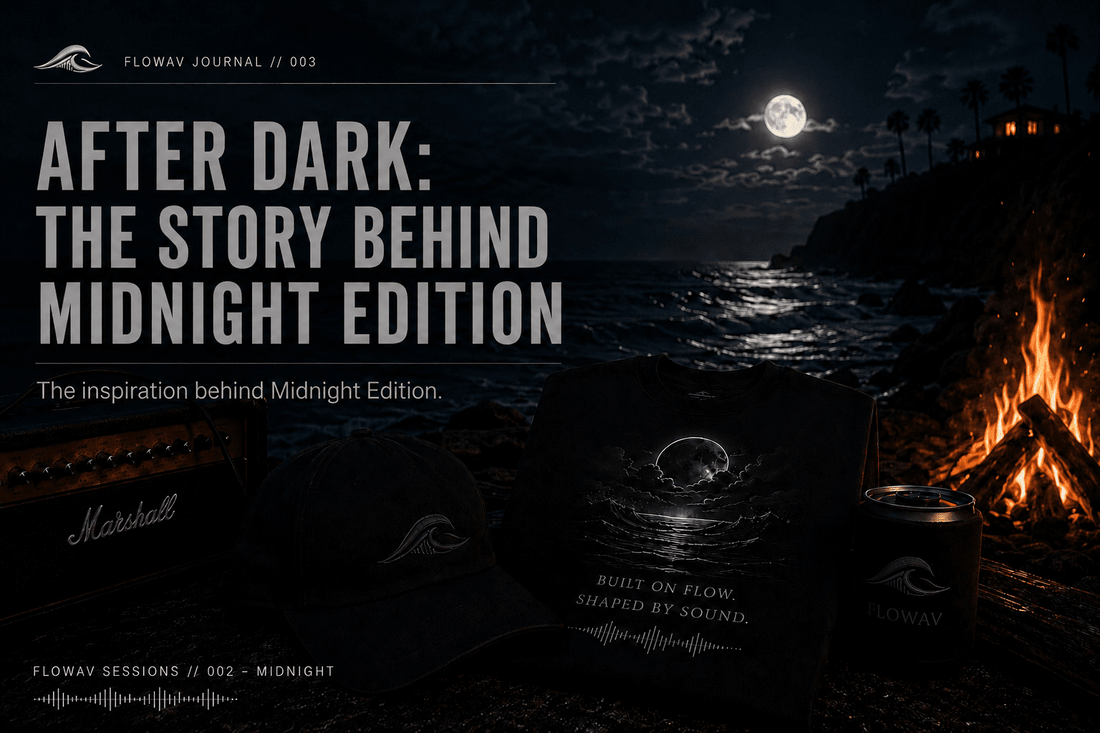 FLOWAV After Dark: The Story Behind Midnight Edition blog cover featuring a moonlit beach scene with a bonfire, midnight edition shirt & hat and a guitar amp