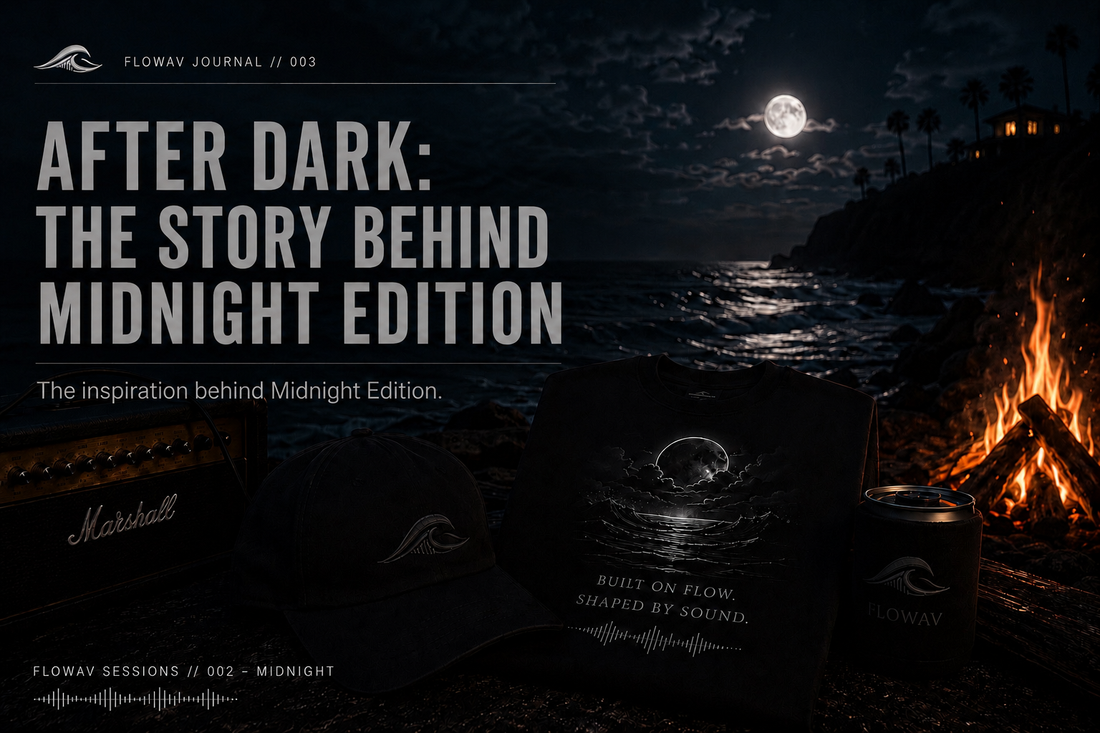 FLOWAV After Dark: The Story Behind Midnight Edition blog cover featuring a moonlit beach scene with a bonfire, midnight edition shirt & hat and a guitar amp