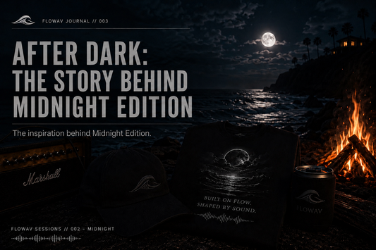 FLOWAV After Dark: The Story Behind Midnight Edition blog cover featuring a moonlit beach scene with a bonfire, midnight edition shirt & hat and a guitar amp