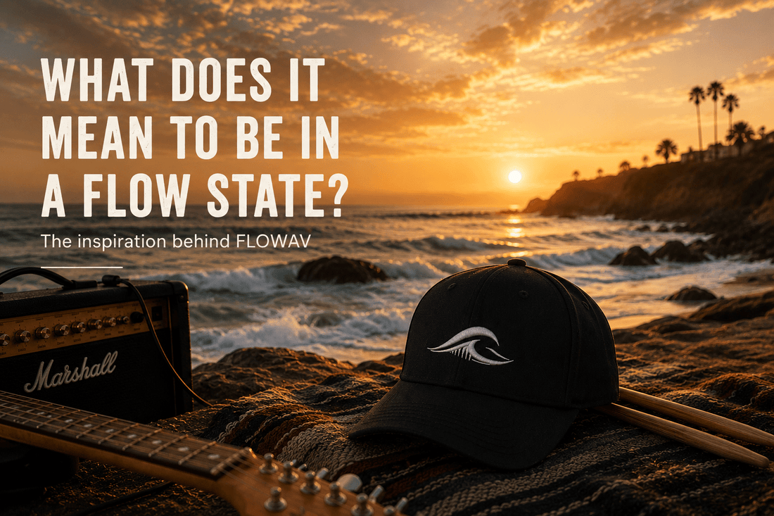 Coastal sunset with ocean waves, a guitar, and FLOWAV hat for the What Does It Mean to Be in a Flow State article.