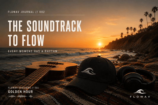 FLOWAV The Soundtrack to Flow blog cover featuring a coastal sunset, ocean waves, and FLOWAV hat