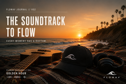 FLOWAV The Soundtrack to Flow blog cover featuring a coastal sunset, ocean waves, and FLOWAV hat