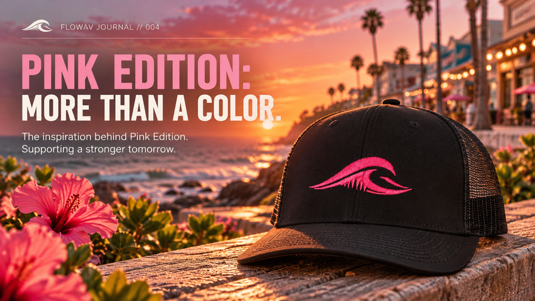 Pink Edition: More than a color picture with a black hat with pink wave embroidery and pink flowers in a coastal town setting