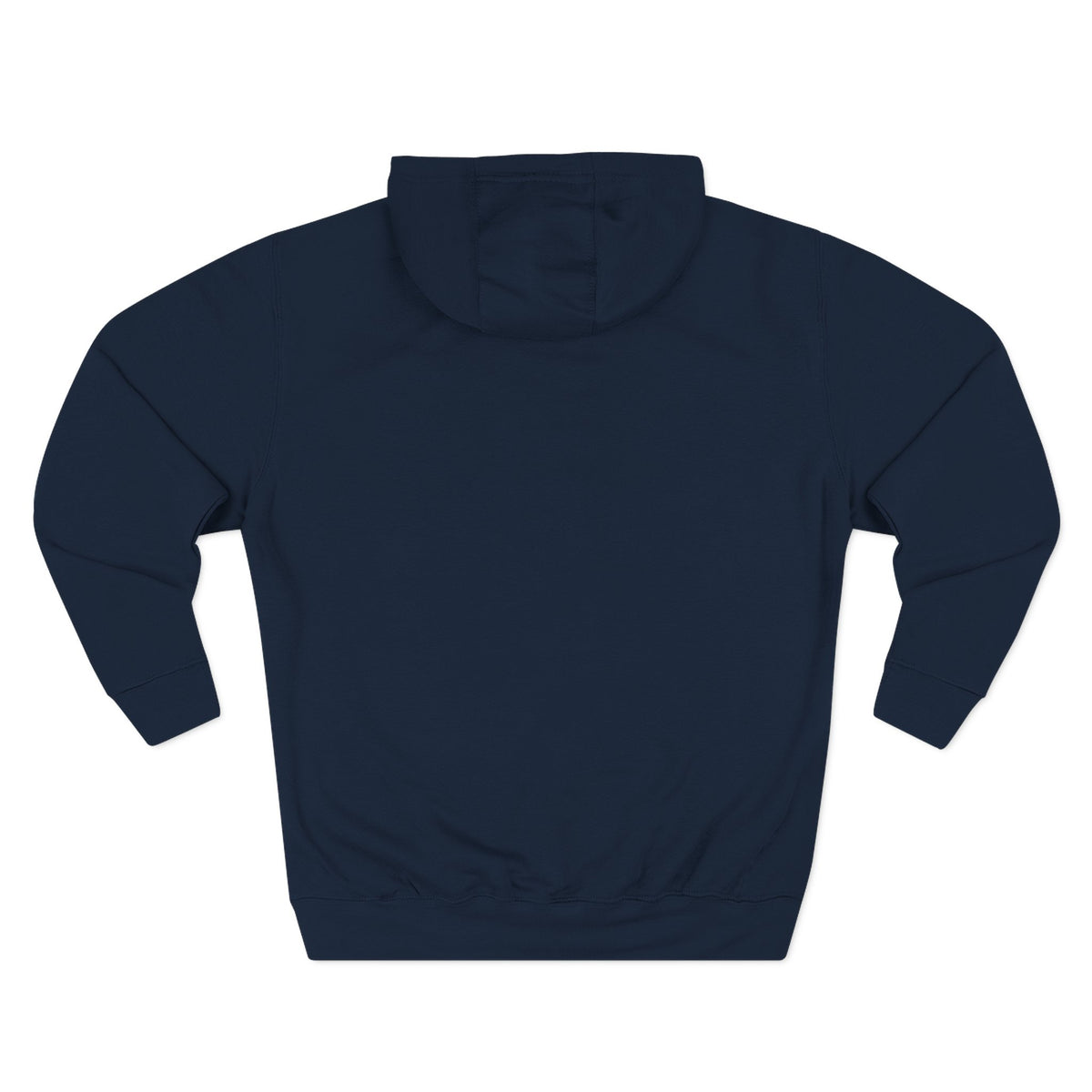 FLOWAV Signature Wave Hoodie in navy laid flat showing the back and fleece lined hood.