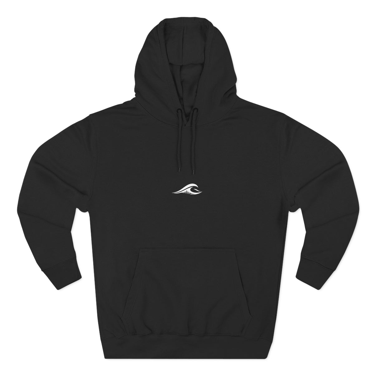 FLOWAV Signature Wave Hoodie in black laid flat showing the front wave logo