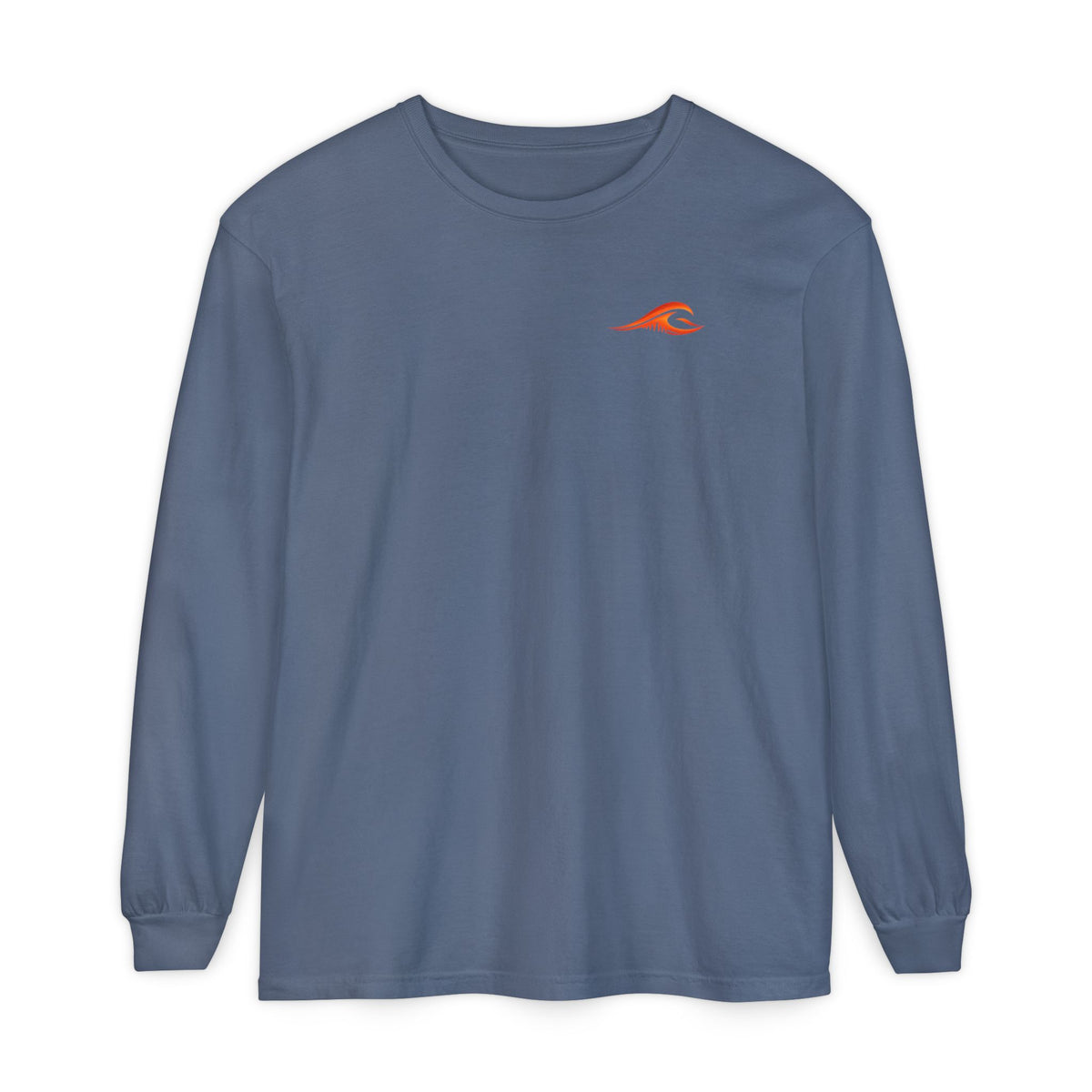 FLOWAV Coastal Sunset Long Sleeve Tee in blue jean showing the front sunset orange wave logo