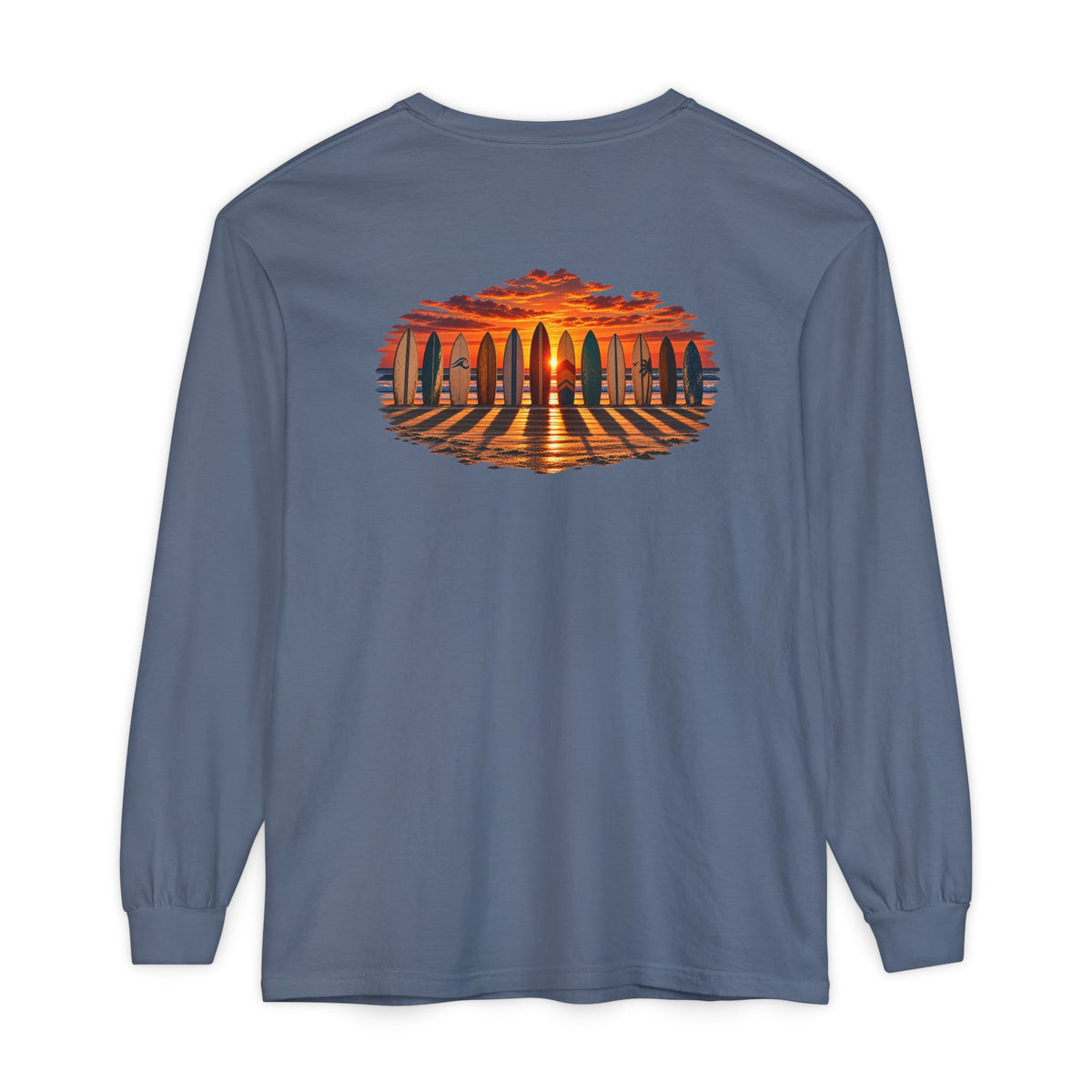 FLOWAV Coastal Sunset Long Sleeve Tee in blue jean showing the graphic of sufboards lined up at sunset and piano key shadows