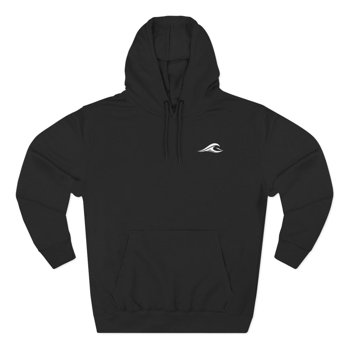 FLOWAV Coastal Graphic Hoodie in black laid flat showing the front white wave logo on the chest.