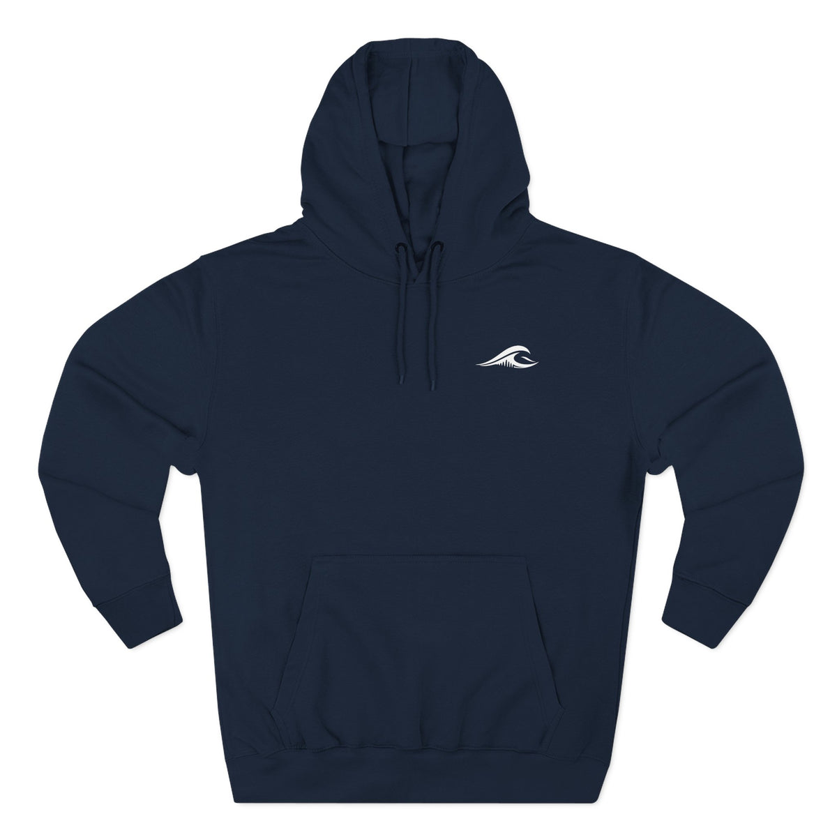 FLOWAV Coastal Graphic Hoodie in navy laid flat showing the front white wave logo on the chest.