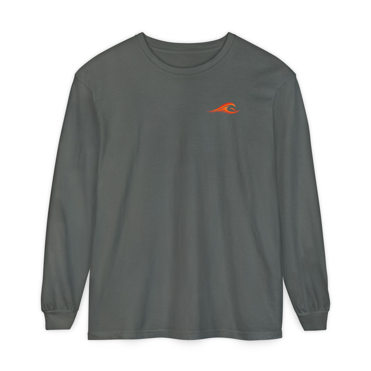 FLOWAV Coastal Sunset Long Sleeve Tee in pepper showing the front sunset orange wave logo