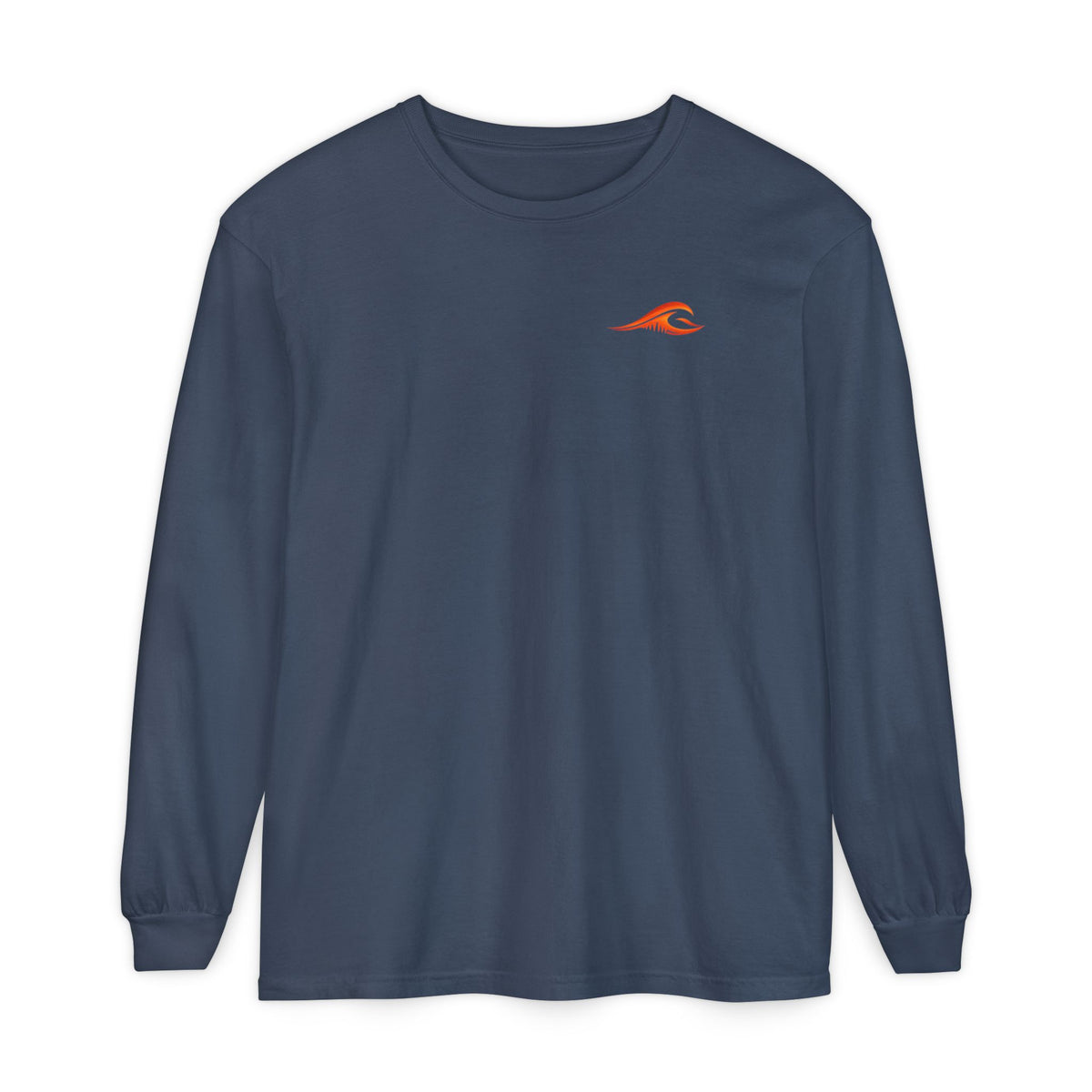FLOWAV Coastal Sunset Long Sleeve Tee in midnight showing the front sunset orange wave logo