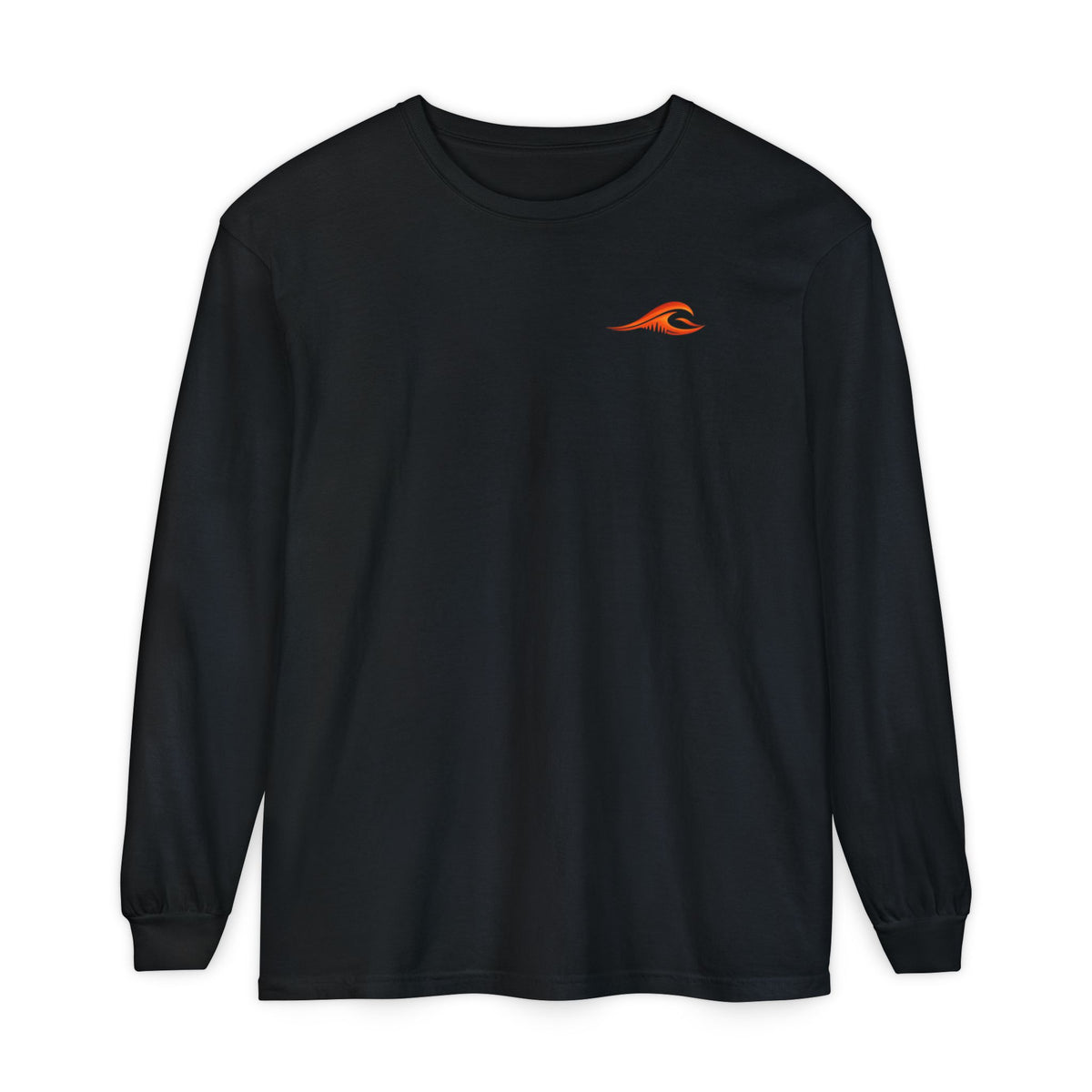 FLOWAV Coastal Sunset Long Sleeve Tee in black showing the front sunset orange wave logo
