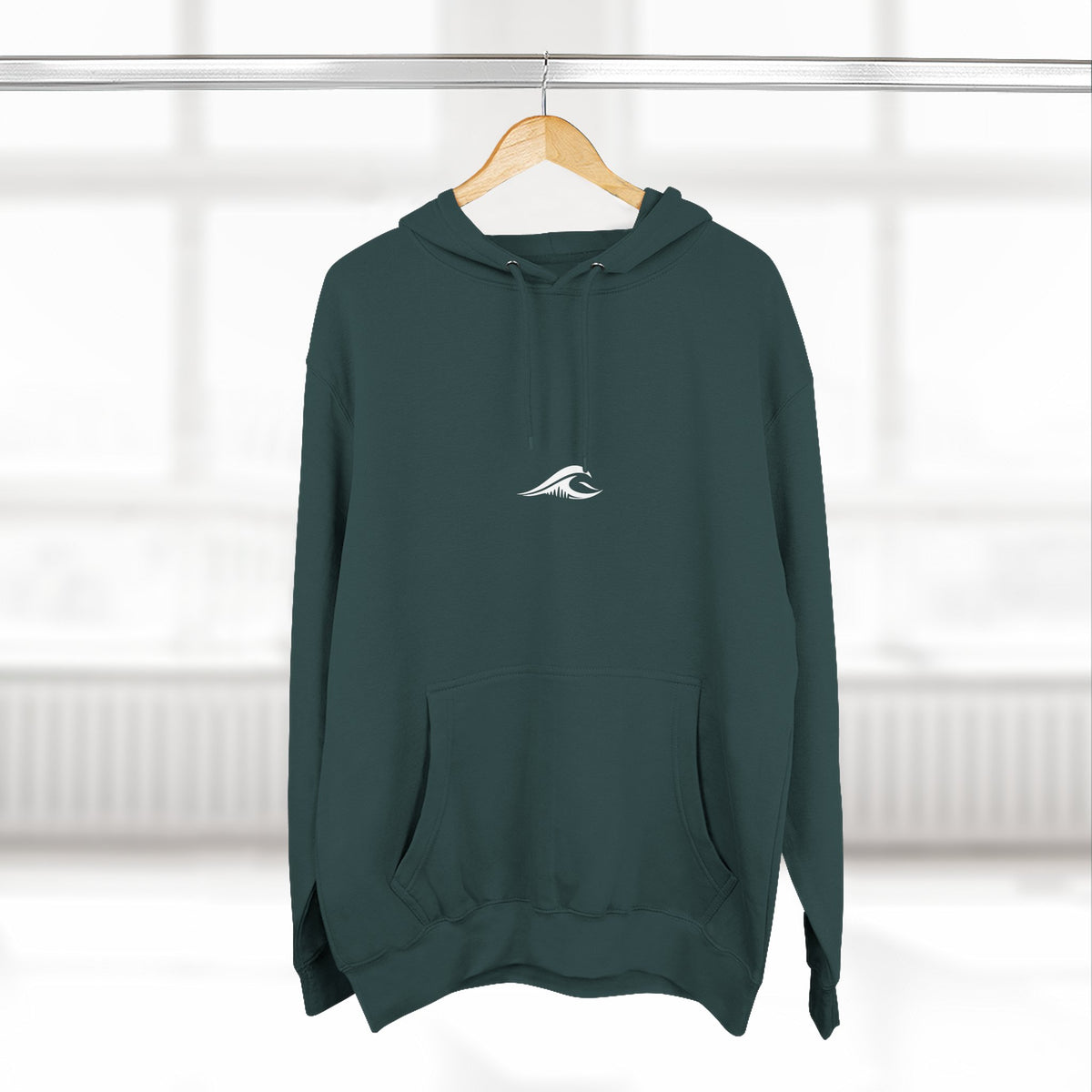 FLOWAV Signature Wave Hoodie in sports green hanging on a hanger showing the front wave logo