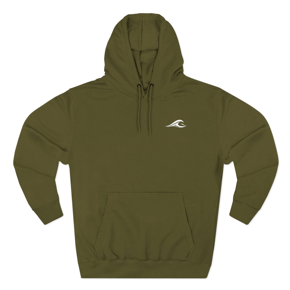 FLOWAV Coastal Graphic Hoodie in army green laid flat showing the front white wave logo on the chest.