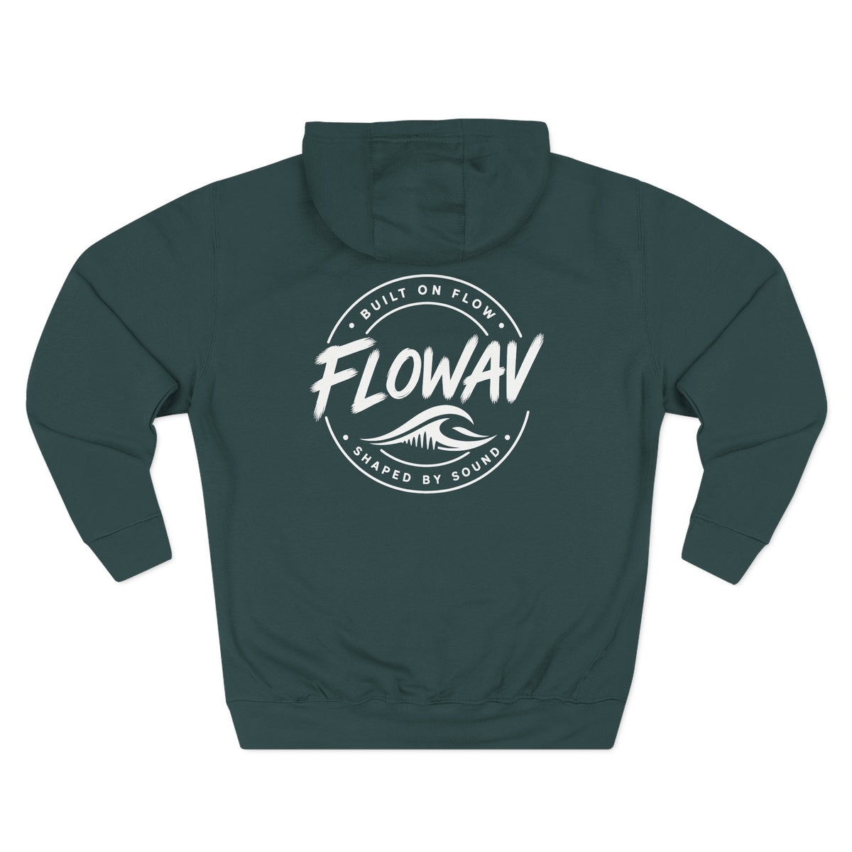 FLOWAV Coastal Graphic Hoodie in sports green laid flat showing the back graphic. Built on Flow. Shaped by Sound.