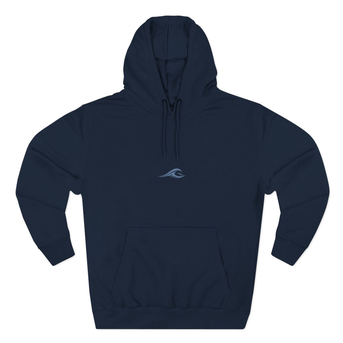 FLOWAV Signature Wave Hoodie in navy laid flat showing the front wave logo