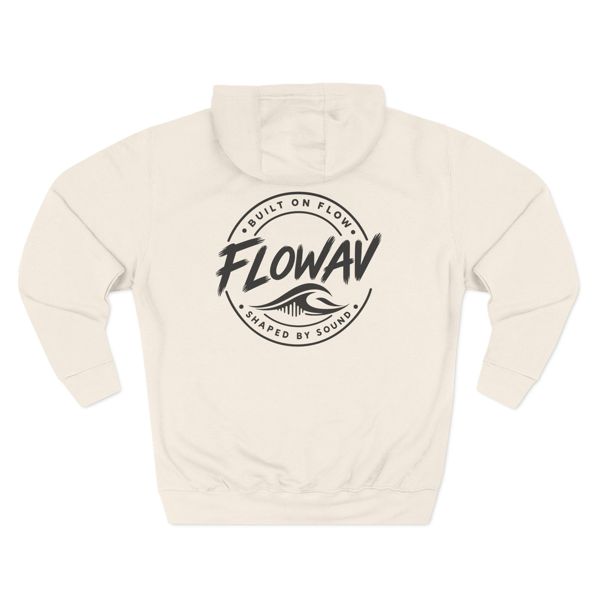 FLOWAV Coastal Graphic Hoodie in sandshell laid flat showing the back graphic. Built on Flow. Shaped by Sound.