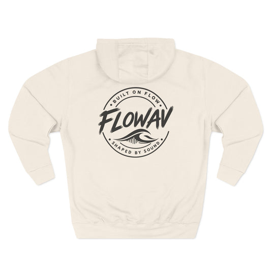 FLOWAV Coastal Graphic Hoodie in sandshell laid flat showing the back graphic. Built on Flow. Shaped by Sound.
