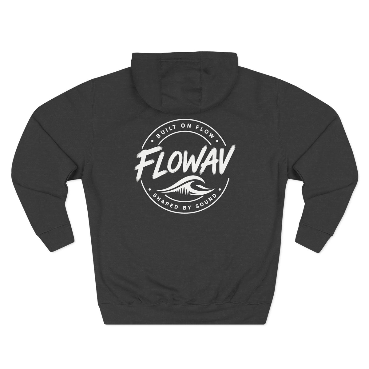 FLOWAV Coastal Graphic Hoodie in charcoal heather laid flat showing the back graphic. Built on Flow. Shaped by Sound.