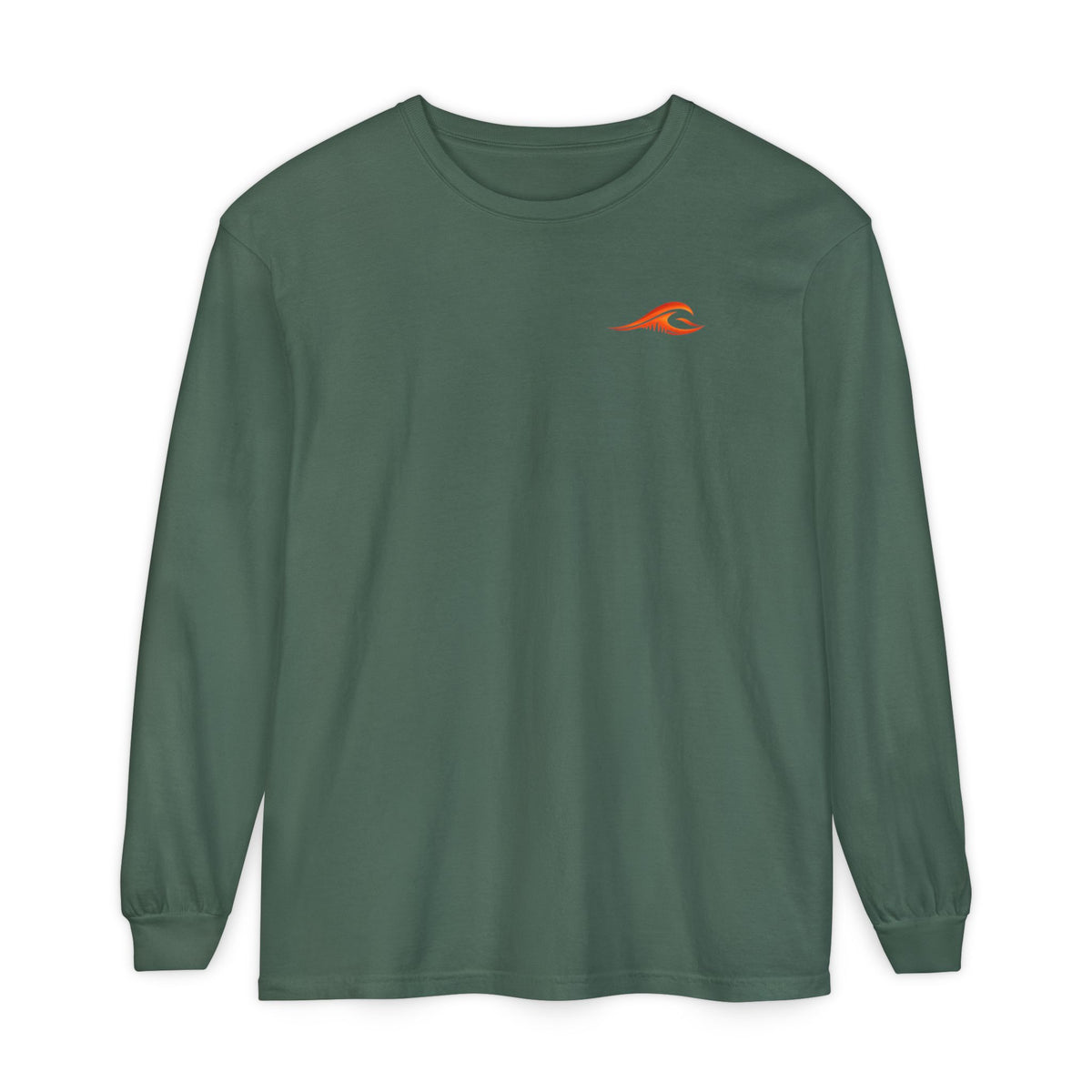 FLOWAV Coastal Sunset Long Sleeve Tee in blue spruce showing the front sunset orange wave logo