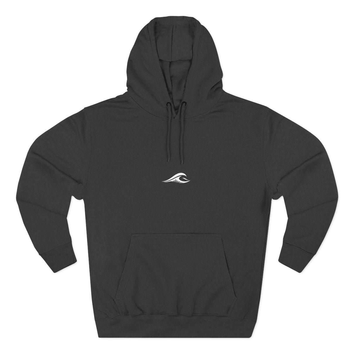 FLOWAV Signature Wave Hoodie in charcoal heather laid flat showing the front wave logo