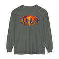 FLOWAV Coastal Sunset Long Sleeve Tee in pepper showing the graphic of sufboards lined up at sunset and piano key shadows