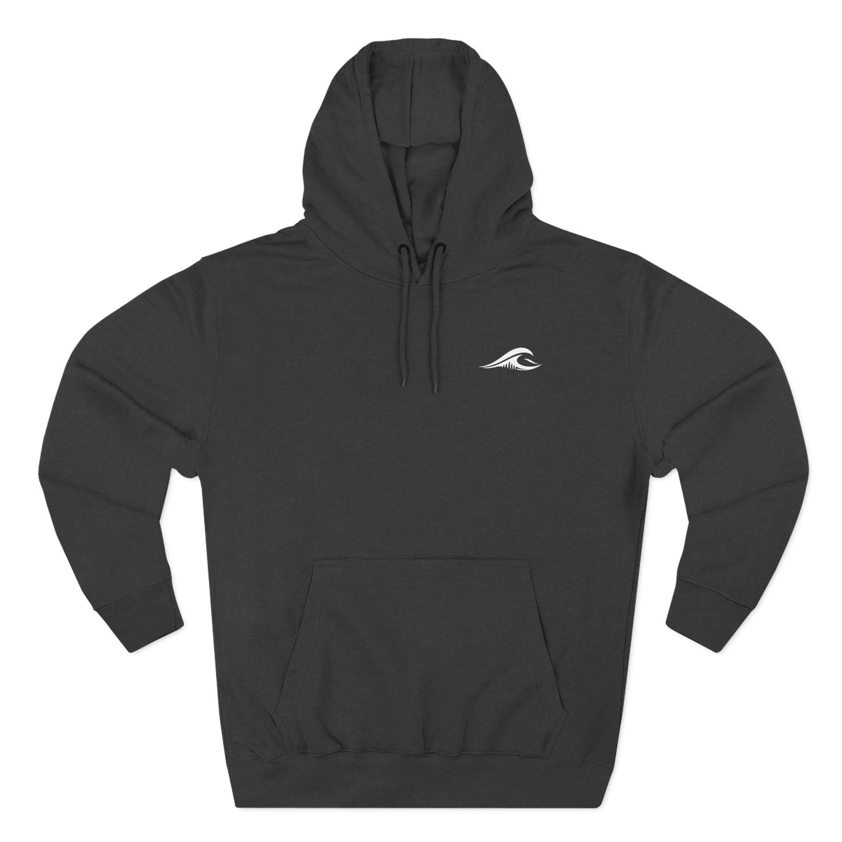 FLOWAV Coastal Graphic Hoodie in charcoal heather laid flat showing the front white wave logo on the chest.