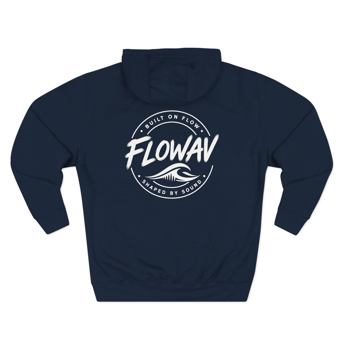 FLOWAV Coastal Graphic Hoodie in navy laid flat showing the back graphic. Built on Flow. Shaped by Sound.