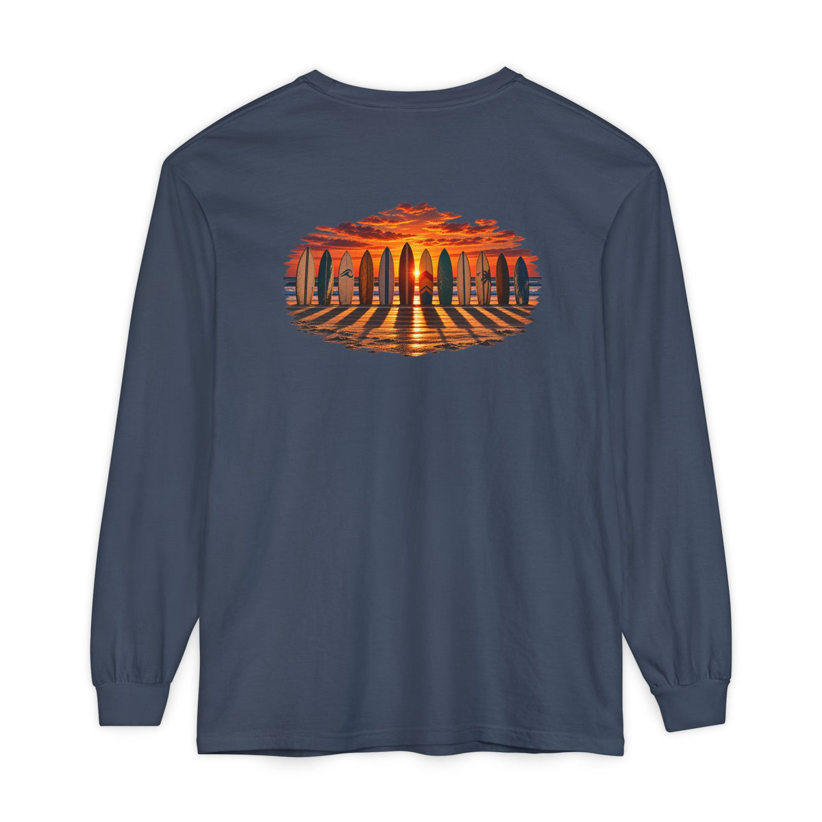 FLOWAV Coastal Sunset Long Sleeve Tee in midnight showing the graphic of sufboards lined up at sunset and piano key shadows