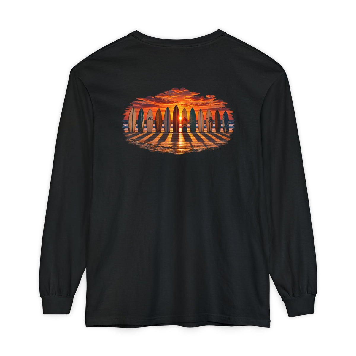 FLOWAV Coastal Sunset Long Sleeve Tee in black showing the graphic of sufboards lined up at sunset and piano key shadows