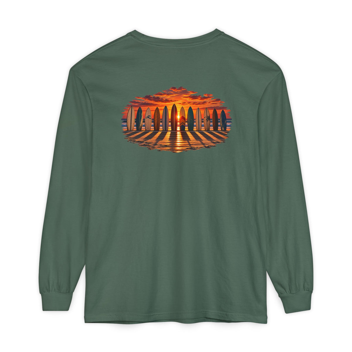 FLOWAV Coastal Sunset Long Sleeve Tee in blue spruce showing the graphic of sufboards lined up at sunset and piano key shadow