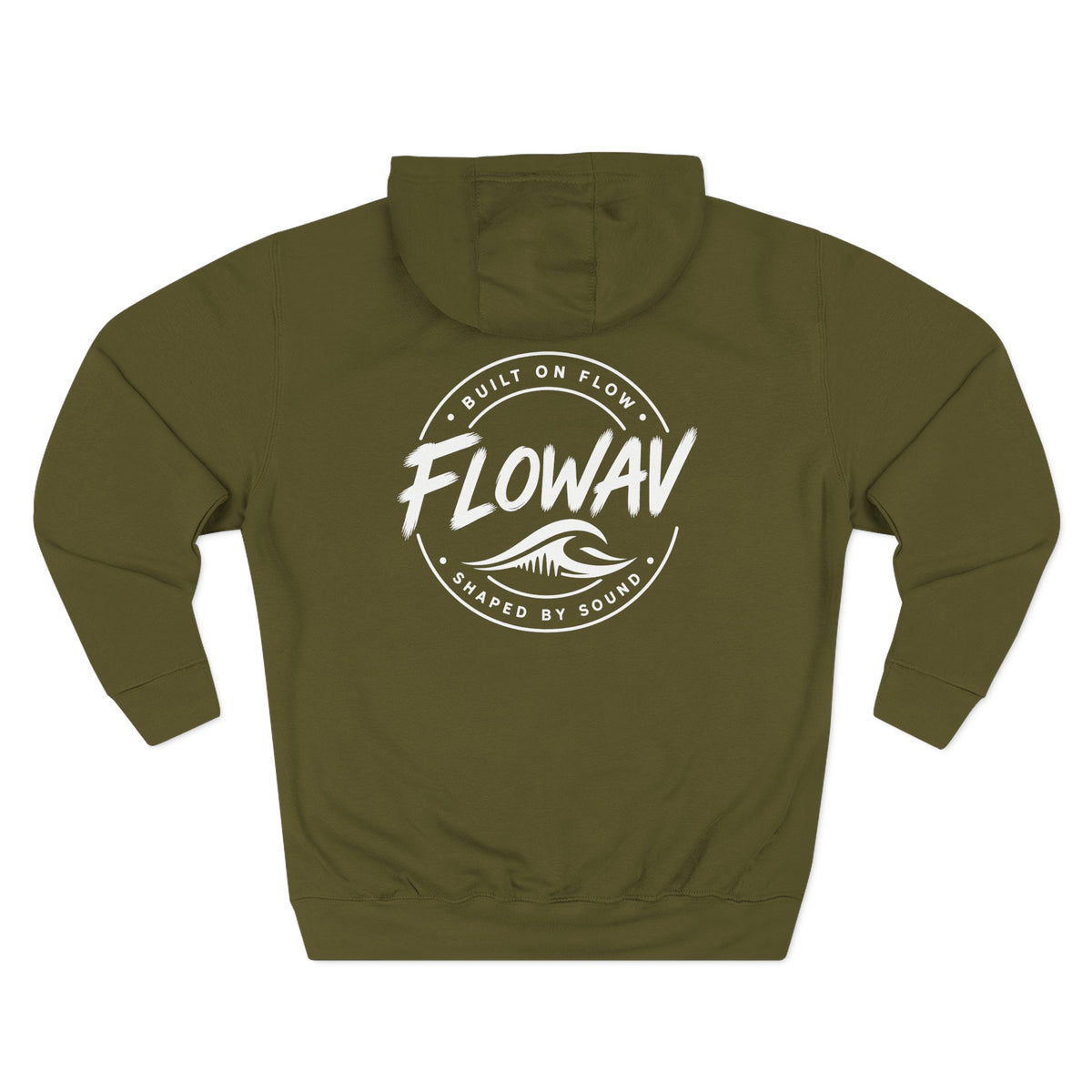 FLOWAV Coastal Graphic Hoodie in army green laid flat showing the back graphic. Built on Flow. Shaped by Sound.