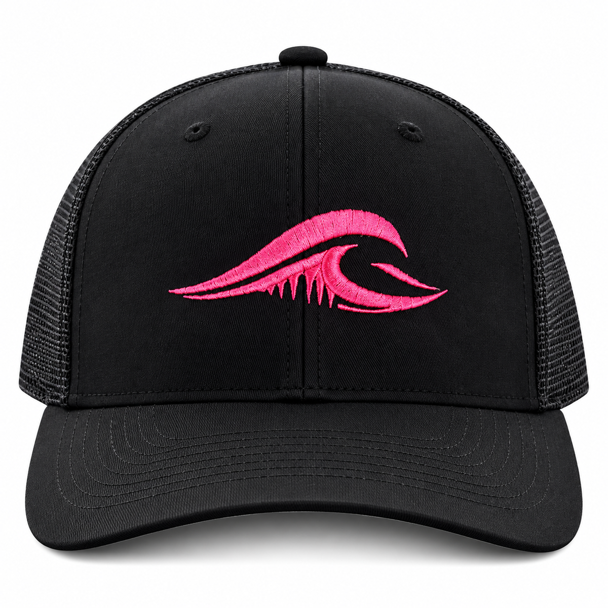 FLOWAV Pink Edition Richardson R112 Trucker Hat showing the front with a pink embroidered wave