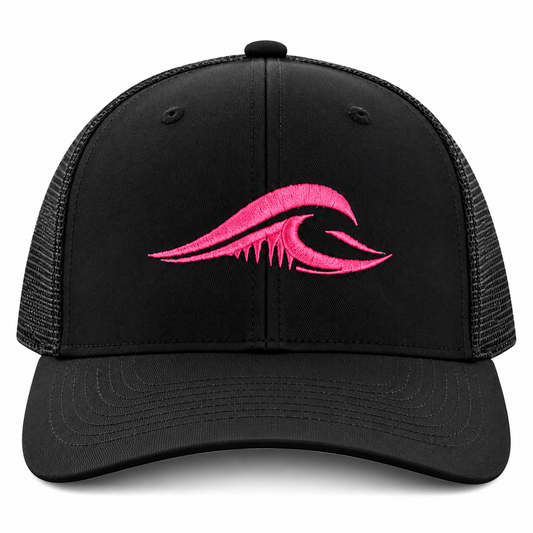FLOWAV Pink Edition Richardson R112 Trucker Hat showing the front with a pink embroidered wave