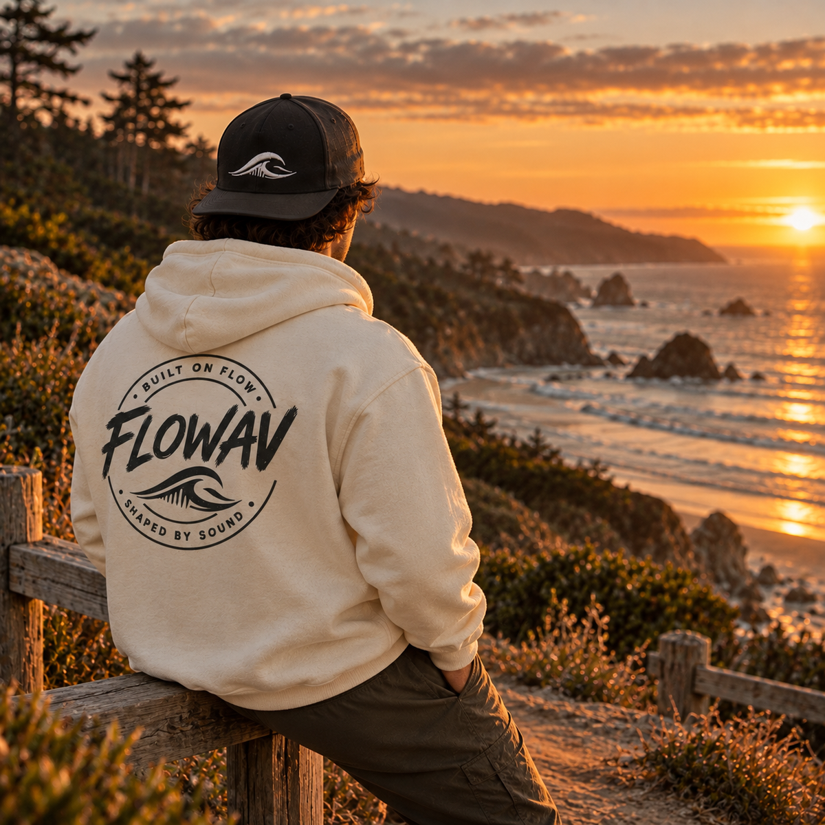 Man sitting on a wooden fence looking over the ocean at sunset wearing a black flowav Richardson R255 flat bill hat and Coastal Graphic Hoodie