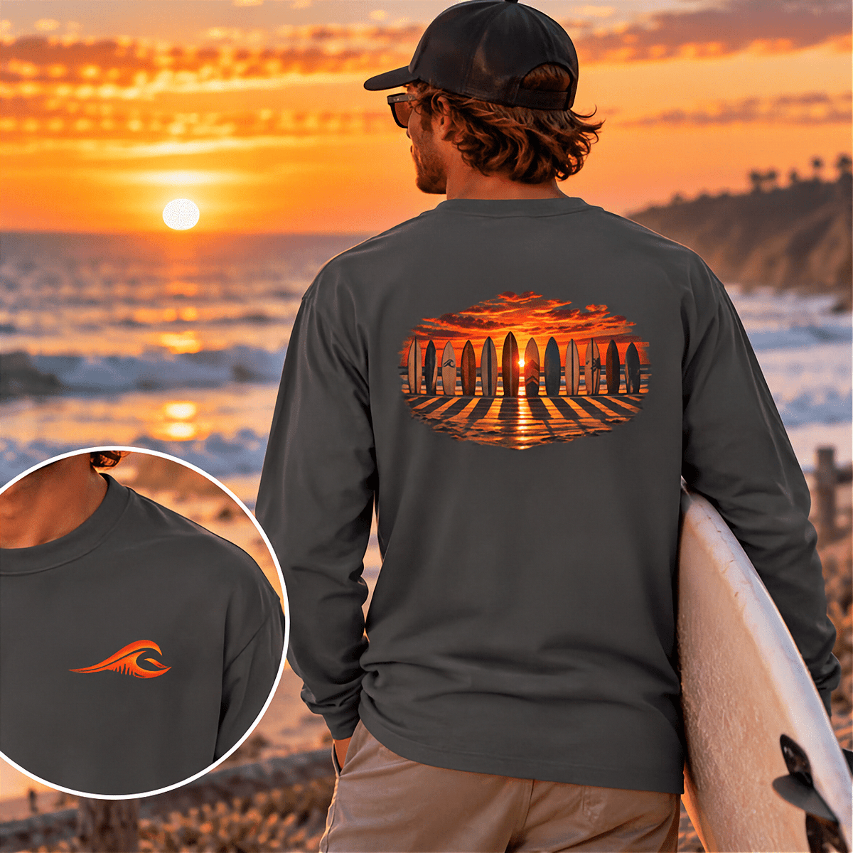 Man wearing the FLOWAV Coastal Sunset Long Sleeve Tee in pepper looking out over ocean while holding a surfboard