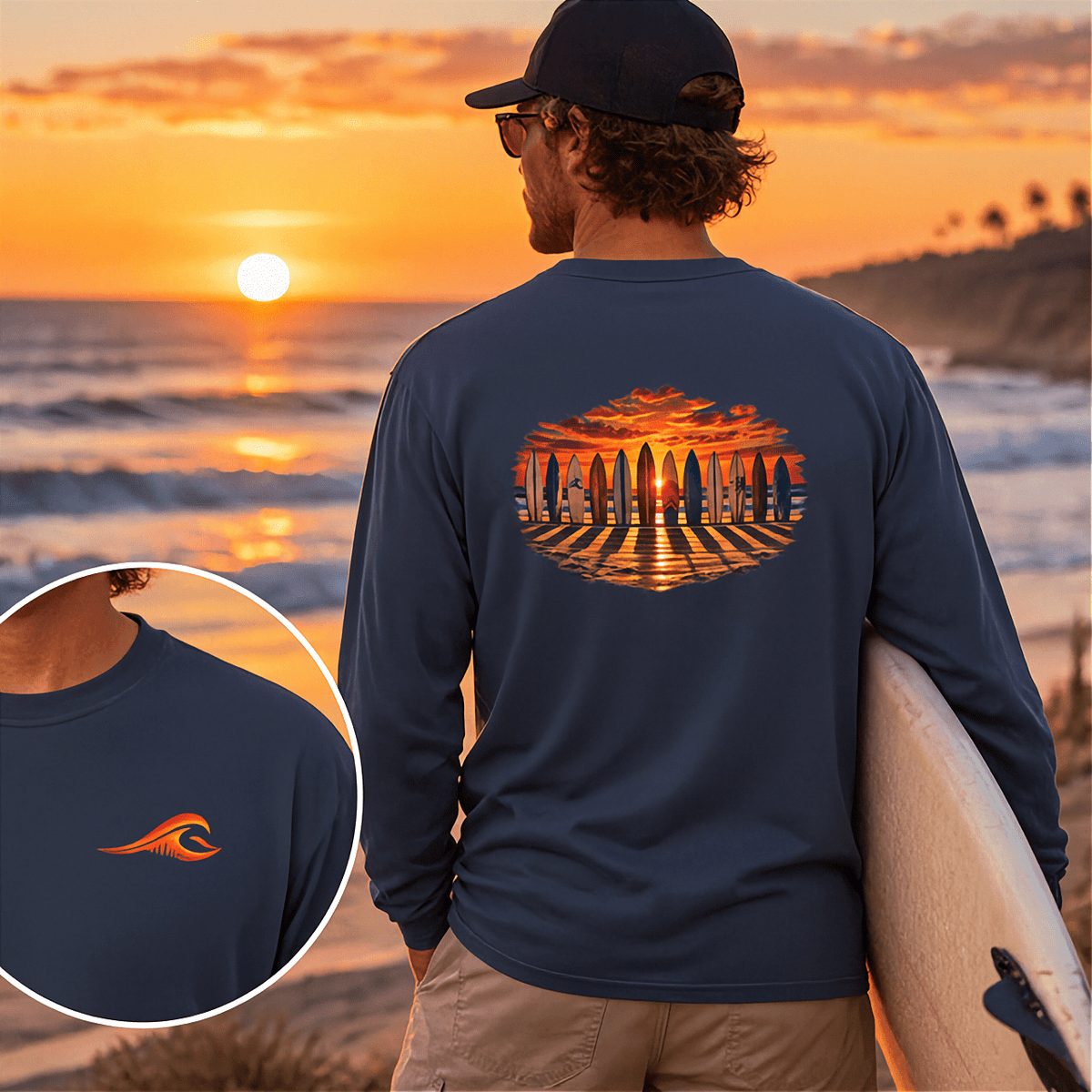 Man wearing the FLOWAV Coastal Sunset Long Sleeve Tee in midnight looking out over ocean while holding a surfboard
