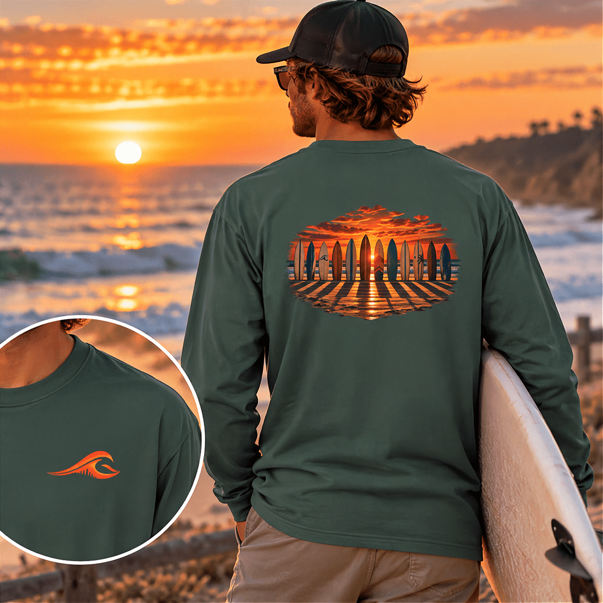 Man wearing the FLOWAV Coastal Sunset Long Sleeve Tee in blue spruce looking out over ocean while holding a surfboard
